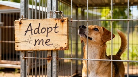 Dog gazes up at adopt me sign inside an animal shelter. Warm sunlight filters through, creating an inviting atmosphere in outdoor facility. Concept of animal adoption, rescue services, pet shelters.の素材