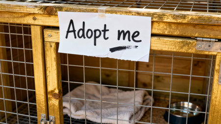 Cage displays sign inviting adoption for a pet. Warm wooden setting enhances the welcoming atmosphere. Concept of animal rescue, shelter, pet adoption awareness.の素材