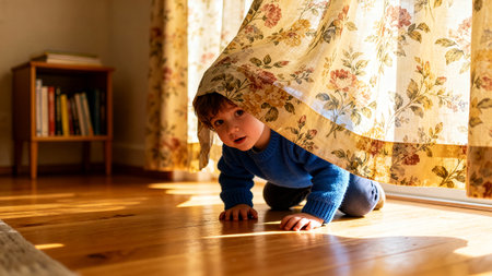 A child is crawling playfully under a floral curtain in a cozy living room. Warm sunlight accentuates the wooden floor and floral patterns. Concept of childhood, home environment, family interactions.の素材