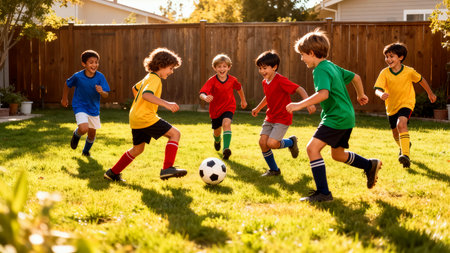 Group of children running and kicking soccer ball in vibrant backyard. Bright sunlight enhances cheerful atmosphere with green grass and wooden fence. Concept of sports, childhood fun, outdoor play.の素材