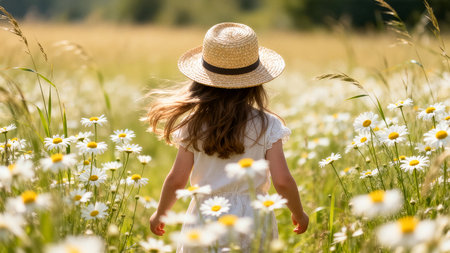 Child walks through a field filled with daisies, sunlight illuminating flowers around her. Natural setting captures the essence of childhood and exploration. Concept of family, nature, childhood joy.の素材