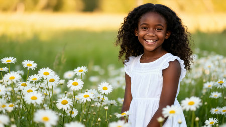Girl looking at camera with bright smile standing in lush field filled with colorful daisies. Warm sunlight illuminates serene landscape. Concept of happiness, childhood, nature.の素材
