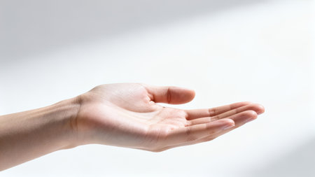 Open hand extended towards the viewer, set against a serene light background. This concept embodies connection and support, ideal for healthcare, coaching, wellness.の素材