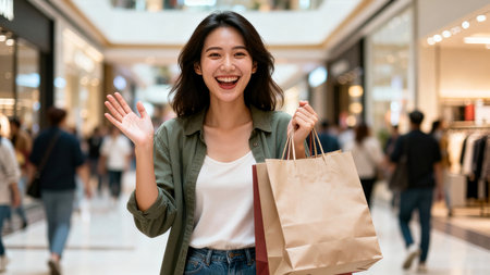 Woman smiles and waves while walking through a busy mall. Brightly lit setting with various shops in the background. Concept of retail, fashion, shopping experience.の素材