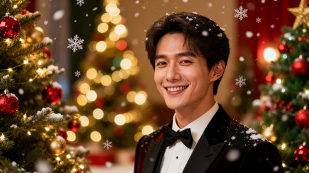 Man smiles while wearing a black tuxedo in a decorated room with Christmas trees and snowflakes. Warm holiday atmosphere, ideal for events, celebrations, party planning.の素材
