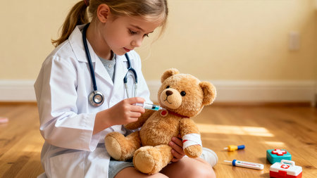 Child giving teddy bear an injection while dressed as a doctor. Bright playroom with wooden floor creating a warm atmosphere. Concept of pediatric care, imaginative play, childhood health.の素材