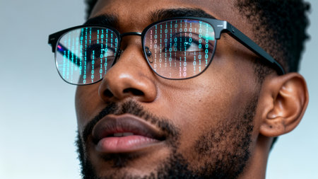 Man looks thoughtfully with glasses reflecting binary code on lenses. Clean gray background suggests a modern tech environment. Concept of technology, innovation, cybersecurity.の素材