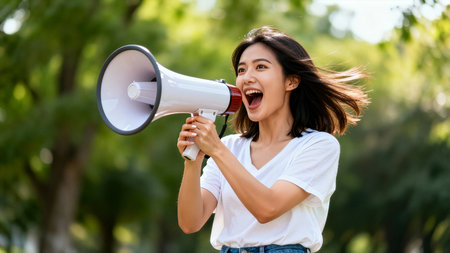 Woman shouting into megaphone with excitement in sunny park. Green trees and natural light create a lively atmosphere. Concept of communication, activism, community engagement.の素材