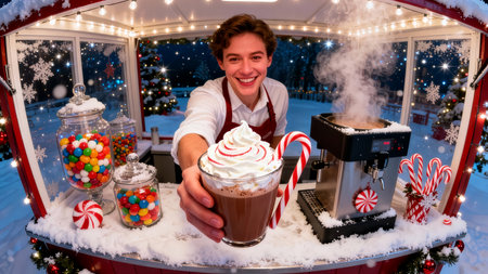 Barista smiles while holding a cup of hot cocoa topped with whipped cream and a candy cane. Colorful candies decorate festive stand in snowy outdoor location.の素材
