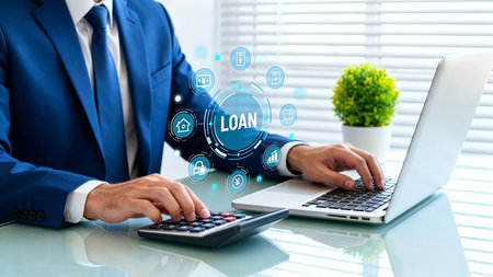 Man calculates loan details while typing on laptop in bright office space. Sunlight filters through blinds, creating a productive atmosphere. Concept of finance, banking, lending.の素材