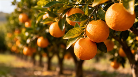Oranges grow on trees in lush orchard, surrounded by greenery and sunlight. Focus on ripe fruit highlighting agriculture, nature's beauty, healthy living.の素材