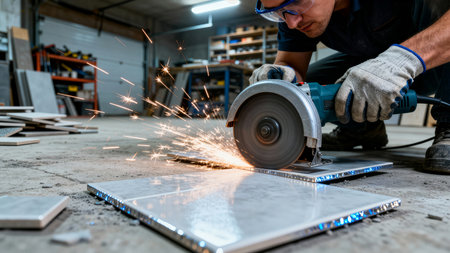 Man operates a power saw to cut tiles in a workshop, sparks flying as the blade meets the material. The concrete floor and tool storage add to the industrial atmosphere.の素材