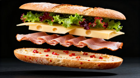 Sandwich levitating with layers of ham, cheese, and fresh lettuce. Dark backdrop highlights ingredients. Concept of culinary arts, food photography, restaurant marketing.の素材