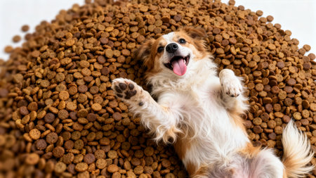Dog lying happily on a pile of dry dog food, tongue out and looking at camera. Bright backdrop highlights playful scene. Concept of pet care, animal nutrition, dog food industry.の素材