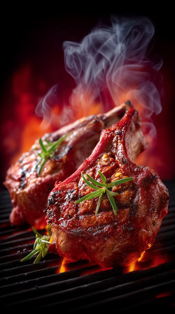 Juicy lamb chops grilling over open flames with aromatic herbs creating enticing smoke. Dynamic cooking scene showcasing flame and heat. Concept of culinary artistry, barbecue, gourmet dining.の素材