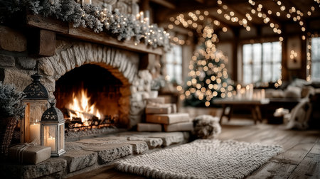 Fireplace crackles with warm fire while decorated Christmas tree glows softly in rustic living room. Warm cozy atmosphere ideal for holiday gatherings.の素材