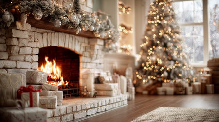 Warm flames crackle in brick fireplace, creating a cozy atmosphere next to a decorated Christmas tree. Fuzzy rug on wooden floor enhances holiday spirit.の素材