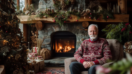 Elderly man with white beard sits comfortably in armchair by warm fireplace. Festive decorations surround him, creating a cheerful holiday atmosphere.の素材