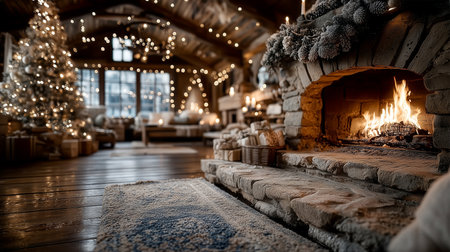 Flames crackle in stone fireplace surrounded by holiday decorations. Warm glow fills rustic cabin setting with plush seating and a decorated Christmas tree.の素材