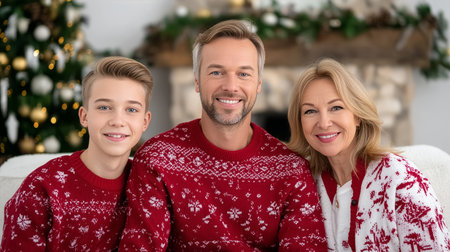 Family smiling while wearing matching red Christmas sweaters. Warm holiday setting with decorated tree and fireplace. Concept of family bonding, holiday celebrations, festive gatherings.の素材