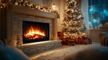 Fire crackles in elegant fireplace illuminating cozy living space decorated for Christmas. Stunning tree adorned with lights and ornaments stands nearby.の素材