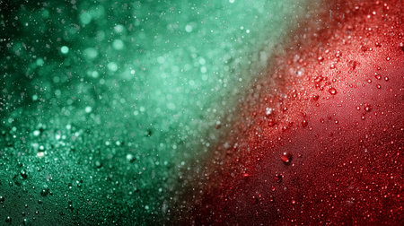 Water droplets glisten on vivid green and red backgrounds, capturing light and creating an aesthetically pleasing abstract composition. Concept of design, decoration, art.の素材