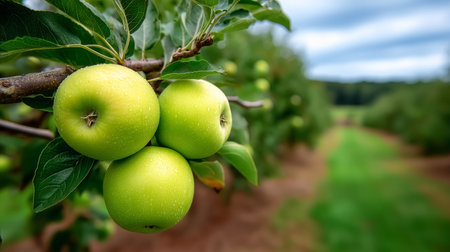 Green apples grow in clusters on branch within expansive orchard. Under cloudy sky, grass path leads deeper into fruit trees. Concept of agriculture, organic farming, food production.の素材