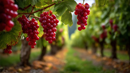 Red grapes cluster on green vines in vineyard, showing rich color and abundance. Soft sunlight highlights leaves in scenic countryside, concept for wineries, agriculture, food production.の素材
