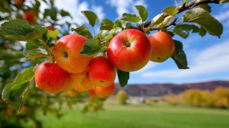 Clusters of ripe red apples dangle from branch in sunny orchard. Scenic landscape features rolling green fields in background. Concept of agriculture, organic farming, healthy eating.の素材