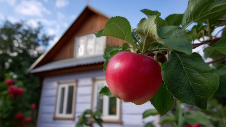 Red apple clings to tree branch in vibrant garden setting. Charming rustic house with blue siding in background. Concept of organic farming, home gardening, nature.の素材