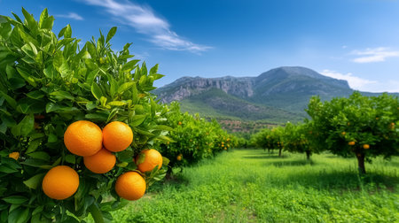 Ripe oranges hang from green trees in thriving orchard. Scenic hills rise in background under bright blue sky. Concept of agriculture, healthy food, nature exploration.の素材