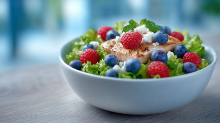 Salad bowl with grilled salmon topped with blueberries, raspberries, and feta. Located on a clean wooden table near a bright blue setting. Concept of healthy eating, nutrition, meal prep.の素材