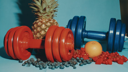 Red and blue dumbbells resting on bright blue surface surrounded by fresh fruits like pineapple, orange, and berries. Concept of health, fitness, nutrition, gym, wellness.の素材