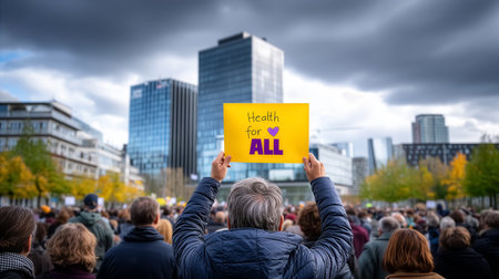 Individual holds yellow sign reading Health for All amidst gathering of diverse people. Modern cityscape backdrop with tall buildings, autumn trees creating a vibrant scene.の素材