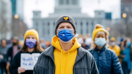 Crowd of people gathered outdoors with signs supporting health awareness. Individuals wear yellow attire and masks for safety in a public space.の素材