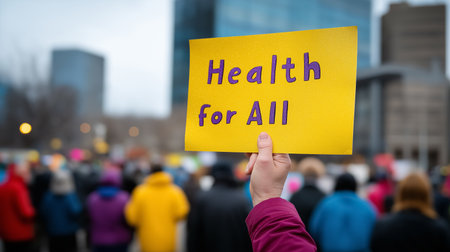 Person holding yellow sign reading Health for All at rally. Urban area filled with citizens advocating for healthcare access. Concept of social justice, community activism, public health.の素材