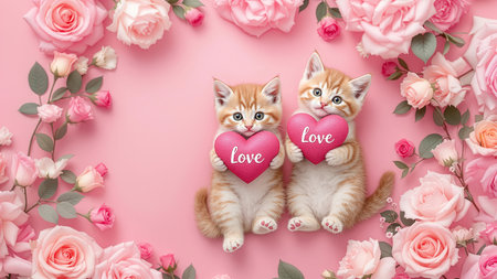 Two adorable kittens holding pink hearts with the word love, framed by delicate roses. Soft pink background enhances the theme of affection and companionship.の素材