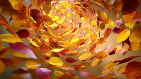 Swirling autumn leaves in hues of orange, yellow, and pink create a mesmerizing spiral effect. Warm, cozy ambiance ideal for seasonal decor, nature appreciation, autumn events.の素材