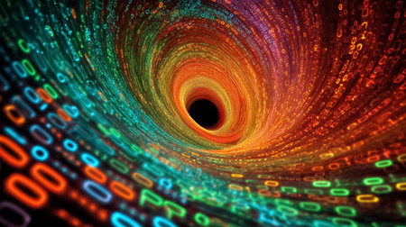 Vortex of luminous binary code spirals into black hole. Dazzling colors create dynamic motion and energy. Concept of technology, data analysis, digital art.の素材