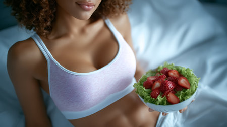 Woman holding bowl with lettuce and strawberries, sitting on bed. Indoor setting with soft lighting creates a comfortable atmosphere. Concept of nutrition, wellness, healthy eating.の素材