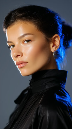 Woman looking at camera with confident expression wearing black outfit. Blue lighting enhances the dramatic setting. Concept of fashion, beauty, modeling.の素材