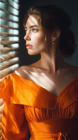 Woman looks out from behind window blinds in a room. Soft light creates shadows on her face. Concept of fashion, lifestyle, beauty.の素材