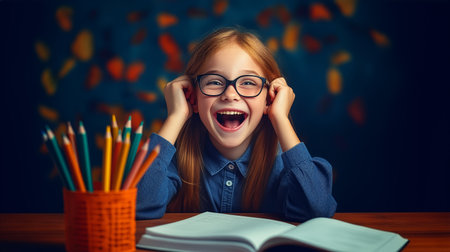 Girl is smiling while wearing glasses and looking at camera. She is sitting at desk with open book and colorful pencils. Setting has vibrant background. Concept of education, learning, creativity.の素材