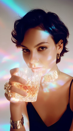 Woman looking at camera holds crystal glass of drink surrounded by colorful light reflections. Indoor setting highlights fashion and style. Concept of nightlife, social events, celebrations.の素材
