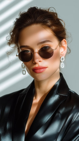 Woman with sunglasses poses in a modern setting. Soft light creates stripes on wall. Concept of fashion, beauty, lifestyle.の素材