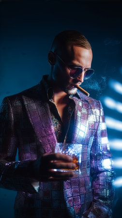 Man wearing a shiny suit holds glass of drink and smokes cigar. Stylish ambiance with blue lighting creates a vibrant nightlife scene. Concept of nightlife, fashion, luxury.の素材