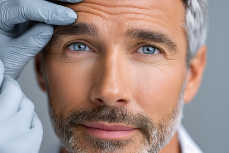 Man looking at camera while receiving cosmetic treatment. Clinic background with clear lighting, focus on skin care process. Concept of beauty, cosmetic surgery, health and wellness.の素材