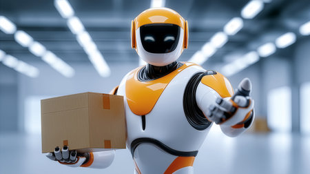 Robot holds cardboard box while standing in warehouse filled with shelves. Bright and clean setting with artificial lighting. Concept of logistics, shipping, automation.の素材