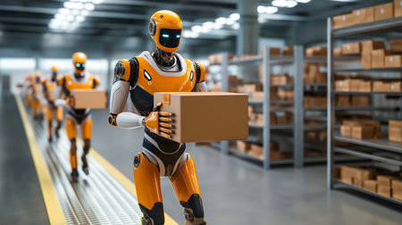 Robots transport boxes along a conveyor belt in a busy warehouse. Shelves stocked with packages create a focused environment. Concept of automation, logistics, warehouse management.の素材