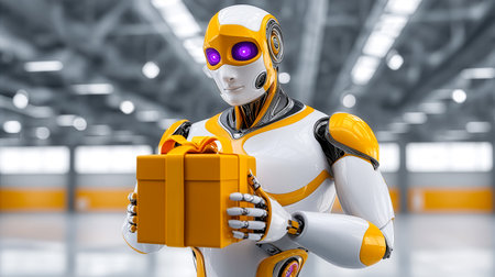 Robot presents yellow gift box in spacious industrial environment. Bright lights illuminate clean grey background. Concept of technology, innovation, logistics.の素材